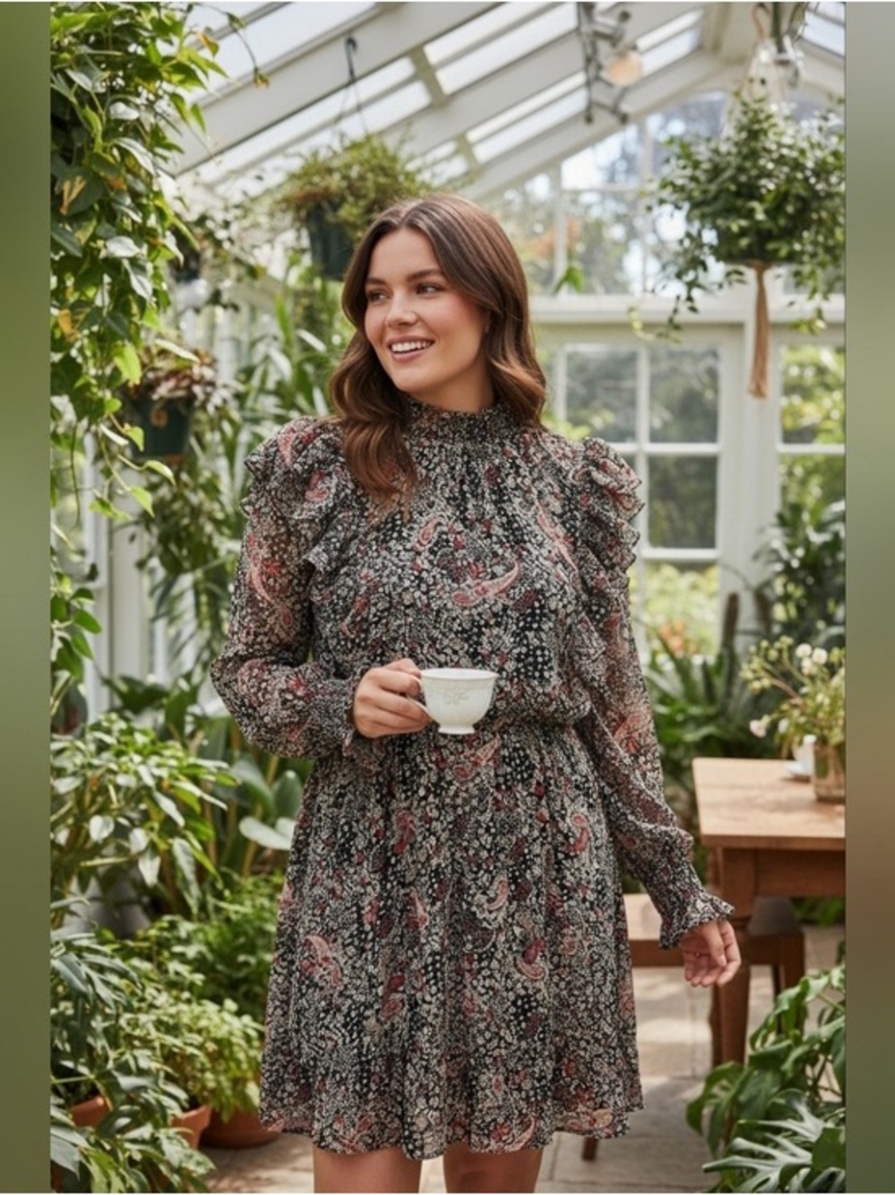 Fate Smocked High-Neck Long-Sleeve Paisley Dress in Black and Red